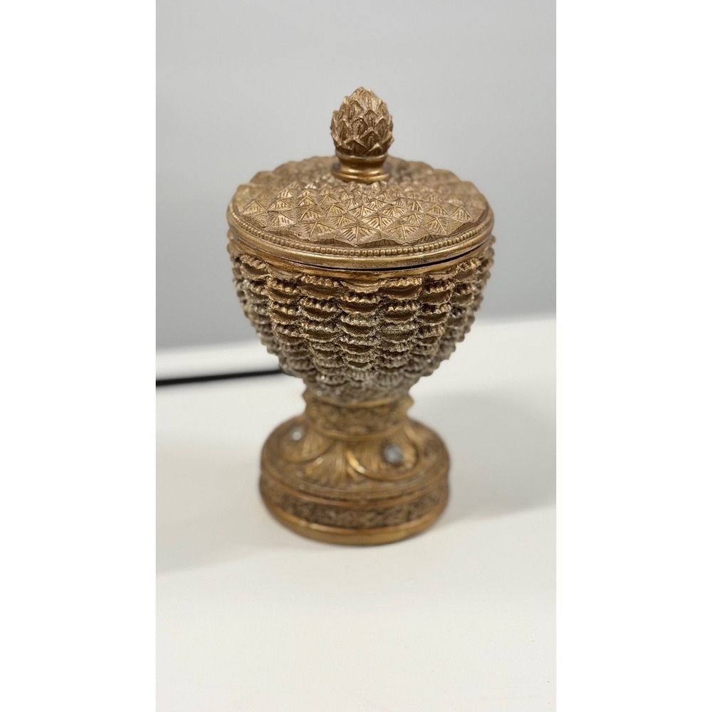 Gold Pineapple Decorative Lidded Jar Glitter Crystal Embellished Pedestal Urn
